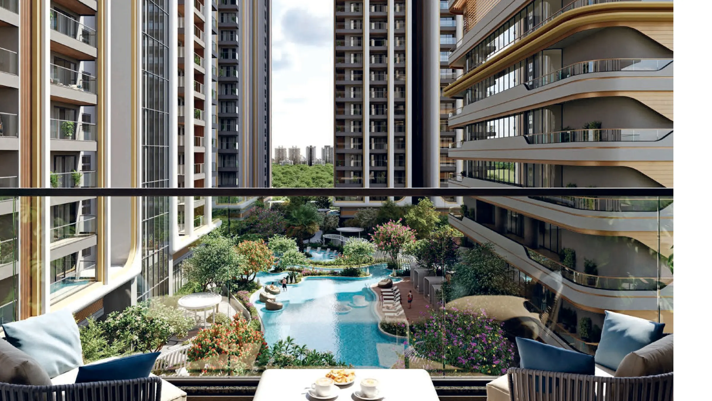 Lagoon-style pool and landscaped courtyard at The Cascades Neopolis